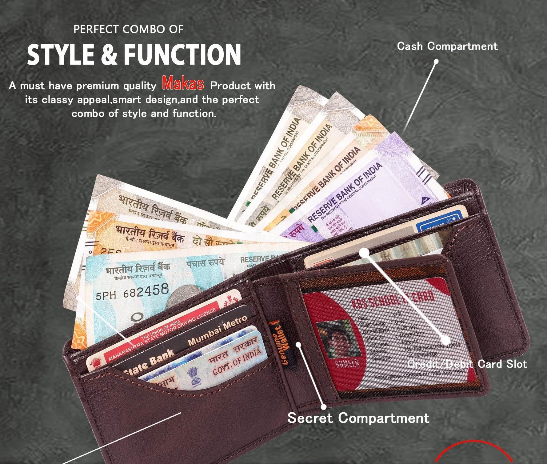 Makas men's card holder wallet , Descriptive view, color - Brown