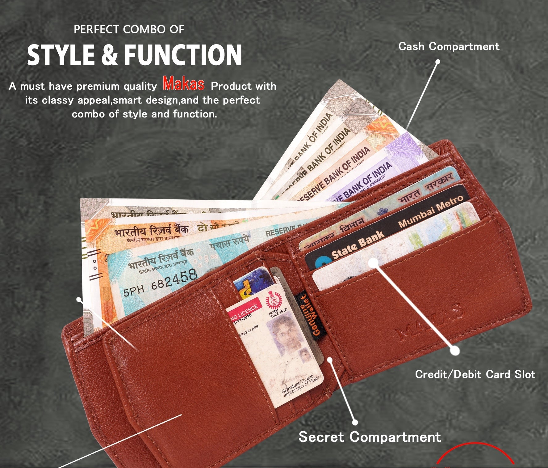 Makas Card Wallet , description view , color -Tan