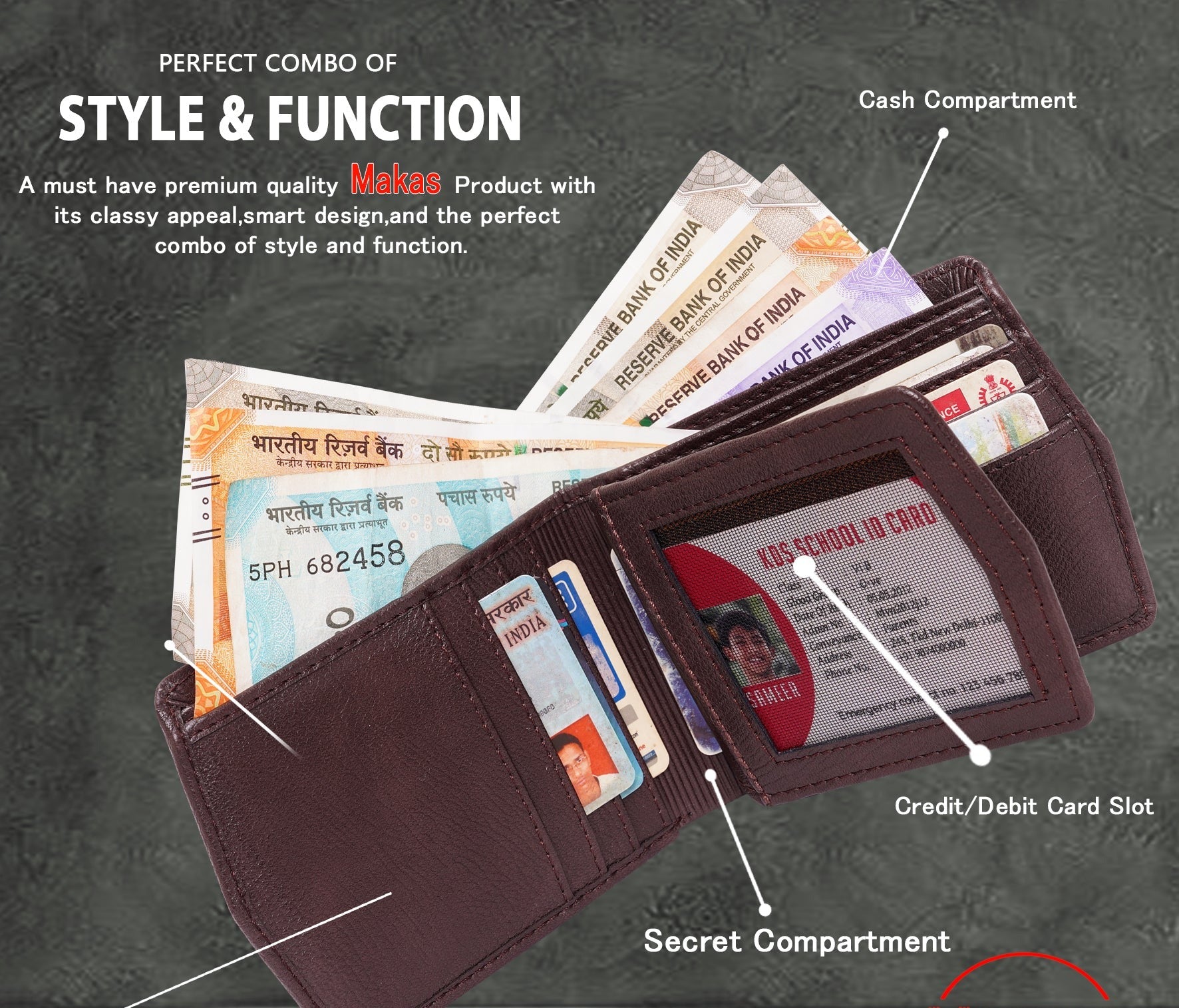 Makas Card Wallet , description view , color -Brown