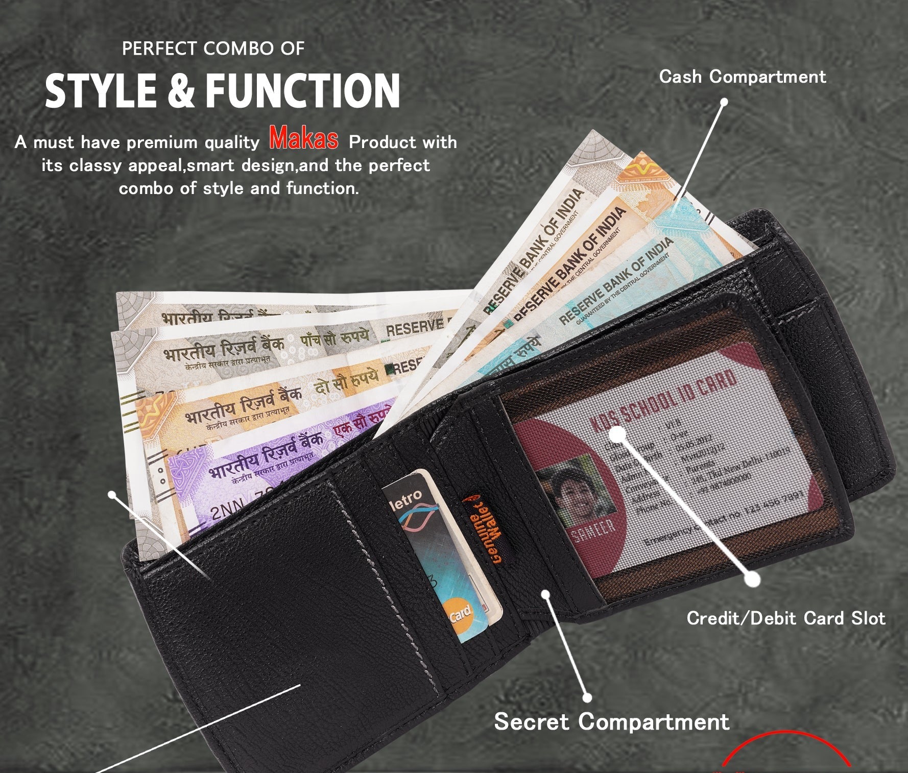 Makas Card Wallet with Coin Pocket , description view, color -Black