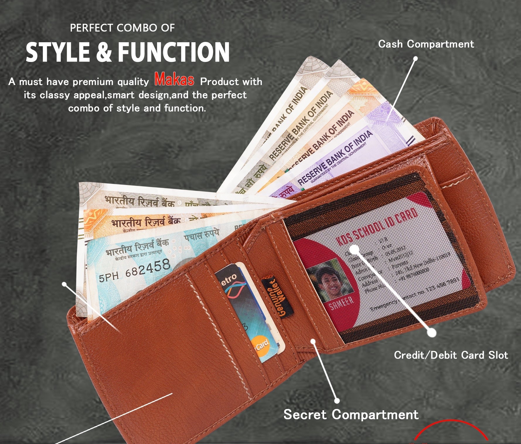 Makas Card Wallet with Coin Pocket , description view, color -Tan