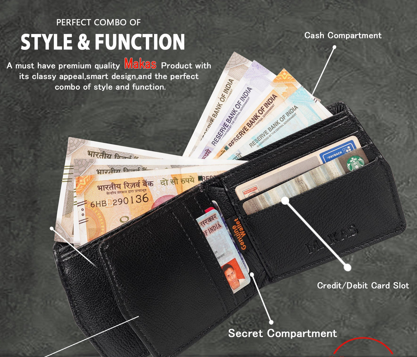 Makas Card Wallet , Description view , color -Black