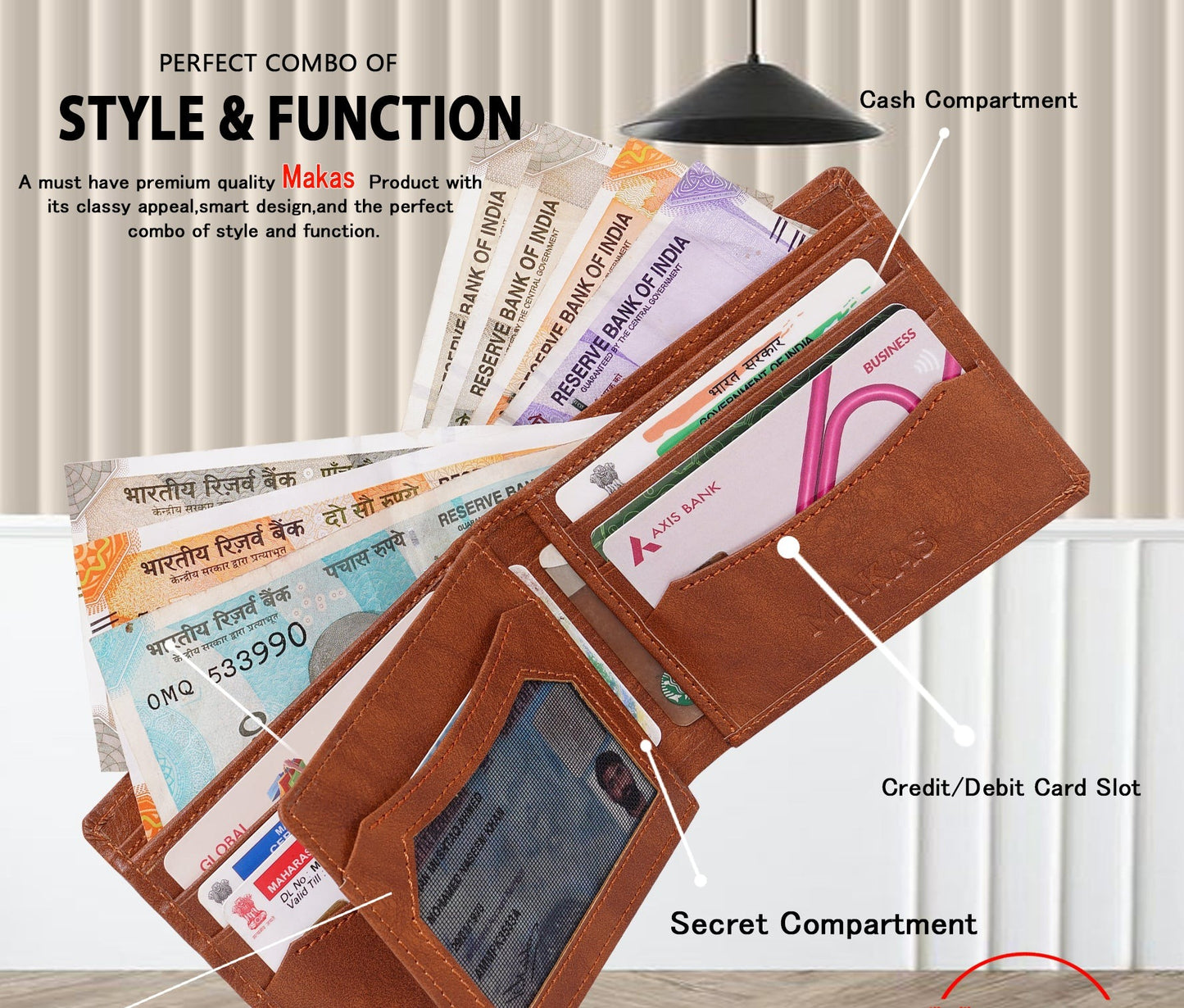 Makas men's wallet , Description ,color - Tan