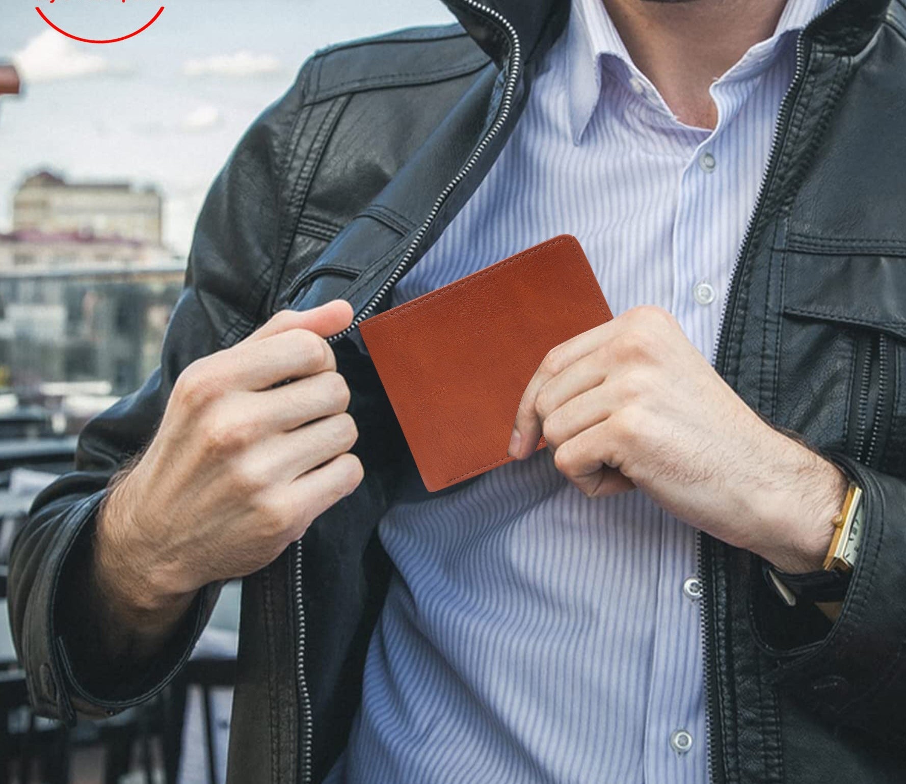 Makas Men's card holder wallet , model view 1 ,color-Tan