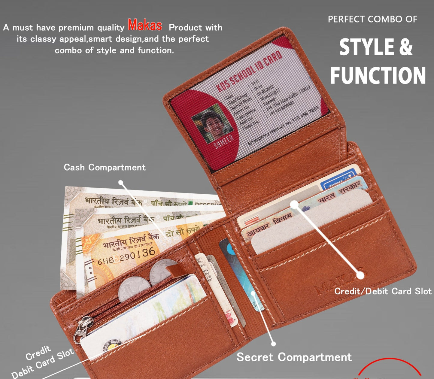 Makas Men's card holder wallet , description view , color-Tan